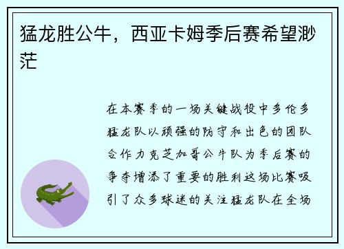 猛龙胜公牛，西亚卡姆季后赛希望渺茫